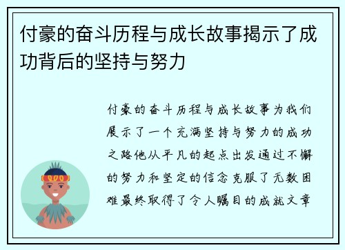 付豪的奋斗历程与成长故事揭示了成功背后的坚持与努力